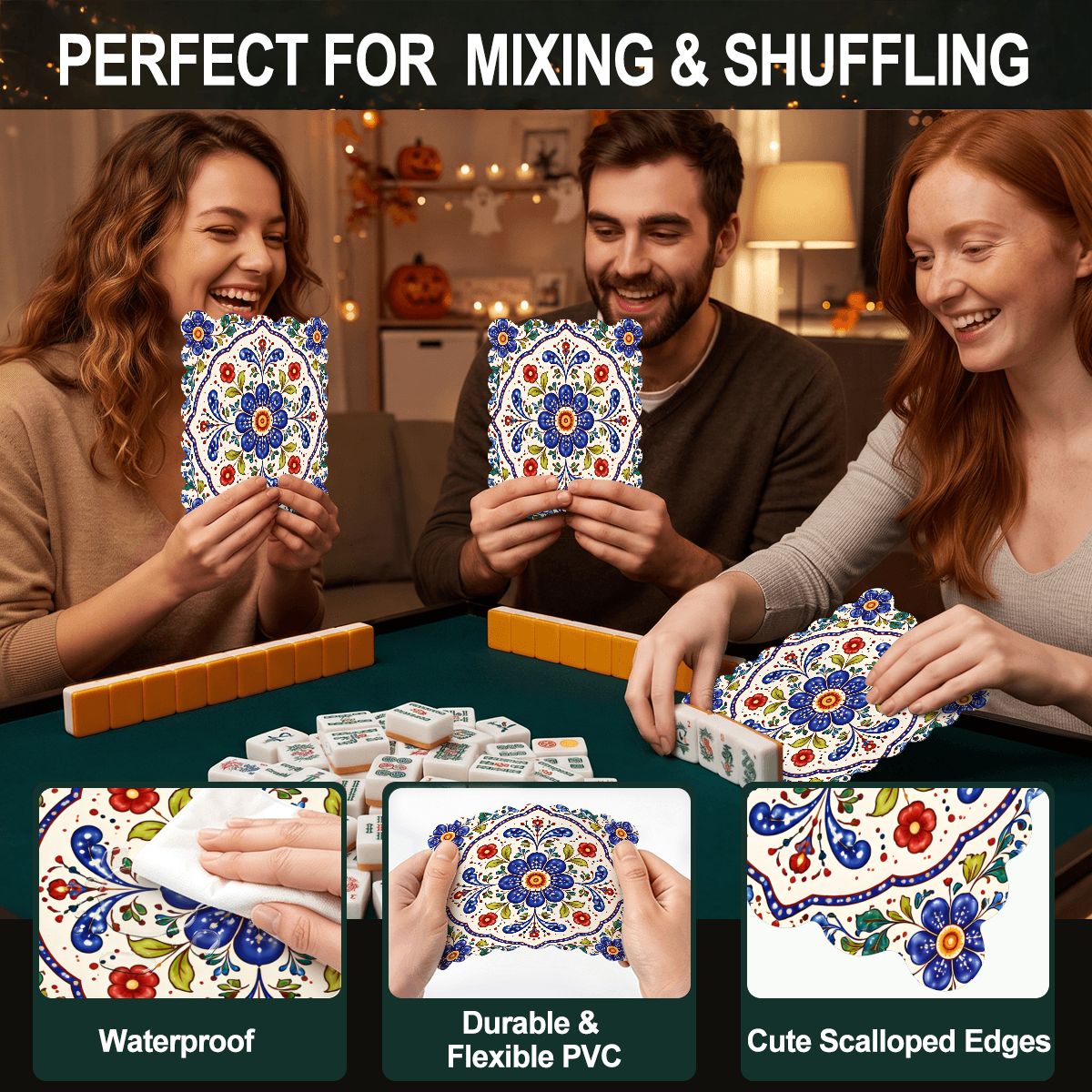 Blue Polish Pottery Porcelain Designed Scalloped Mahjong Shuffler Cards  Set of 4
