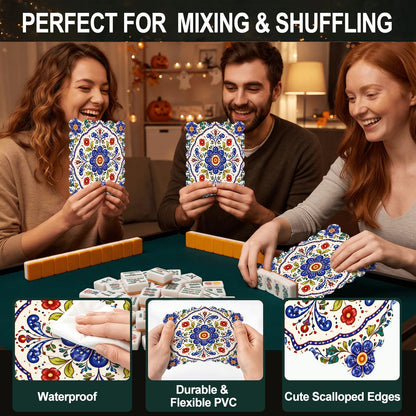 Blue Polish Pottery Porcelain Designed Scalloped Mahjong Shuffler Cards  Set of 4