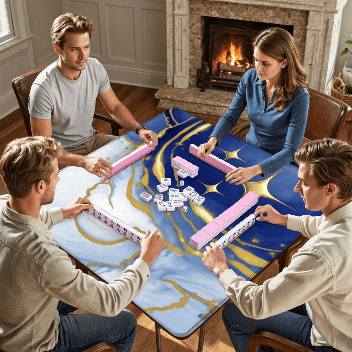 Into The Mystic Marbled Blue Gold Mahjong Mat - Splash of Color Co.