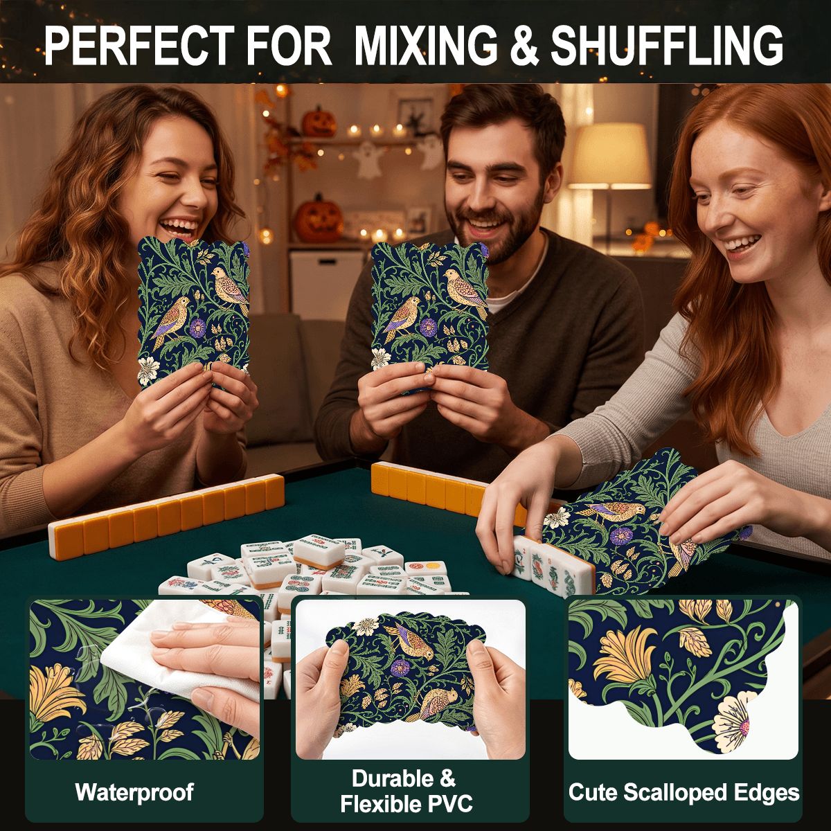 William Morris Birds On A Vine Scalloped Mahjong Shuffler Cards  Set of 4