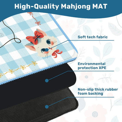 Mahjong Mat Vintage Whimsical Kittens, Blue White Gingham Preppy Check Mahj Mat - Splash Of Mahj And Color Co.