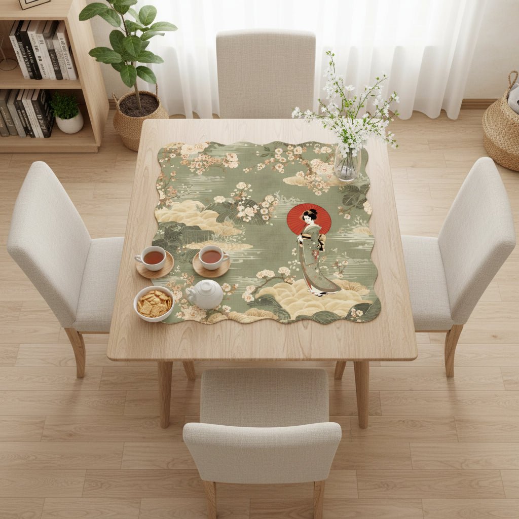 Floral Asian Geisha Girl Scalloped Mahjong Mat - Splash of Color Co.