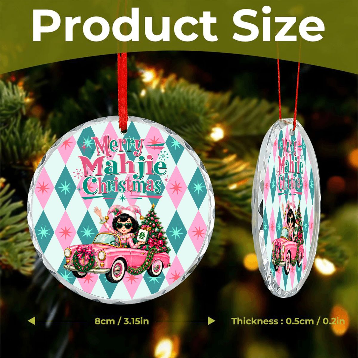 Merry Mahjie Christmas Pink And Teal Harlequin Round Glass Christmas Ornament