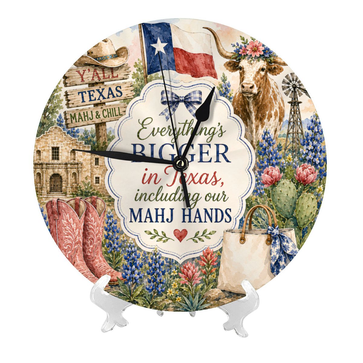 Everything's Bigger In Texas Mahjong Wall Or Desk Clock With Stand
