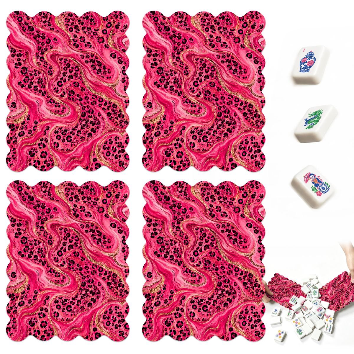 Leopard Luxe Glitz And Glam Pink Scalloped Mahjong Shuffler Cards Set of 4 - Splash Of Mahj And Color Co.