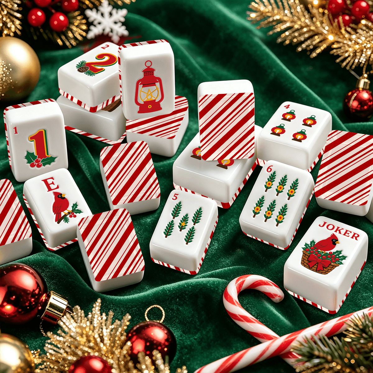 Candy Cane Nostalgic Christmas Cardinal American Mahjong Tiles And Carry Case