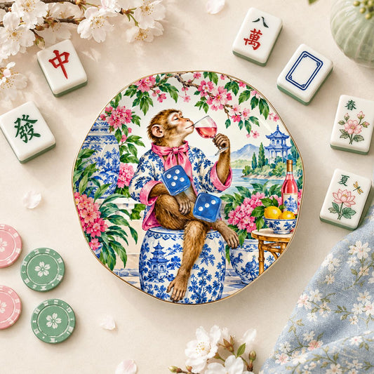 Grandmillenial Chinoiserie Monkey Round Scalloped Ceramic Mahjong Dice Tray - Splash Of Mahj And Color Co.