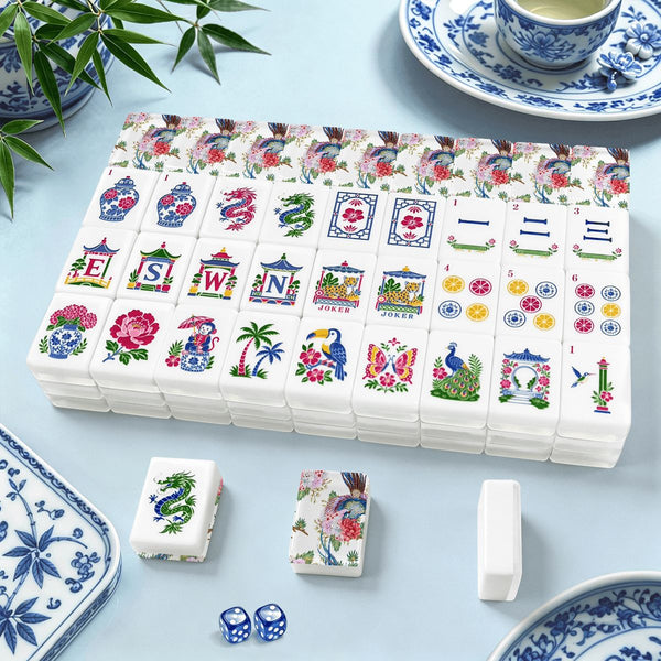 Floral Blossom Bam Bird Chinoiserie American Engraved Mahjong Tiles And Carry Case