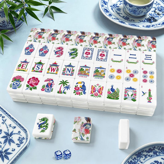 Floral Blossom Bam Bird Chinoiserie American Engraved Mahjong Tiles And Carry Case - Splash Of Mahj And Color Co.