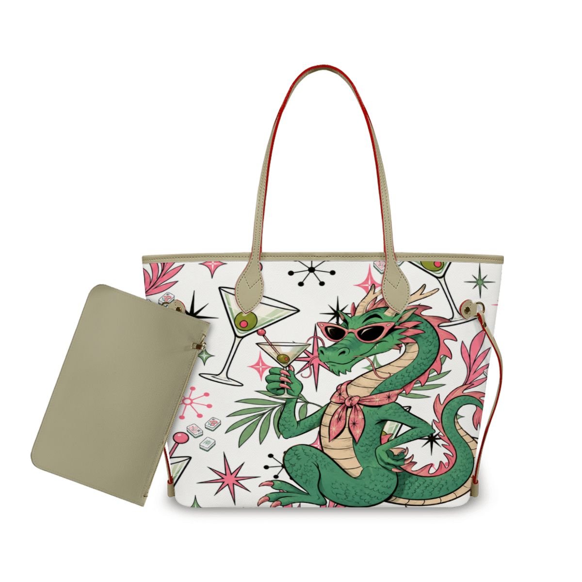 The Tipsy Dragon Mahjong Vegan Leather Tote Bag With Mini Pouch - Splash Of Mahj And Color Co.
