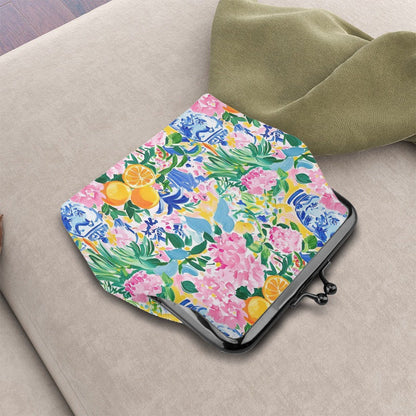 Sunny Citrus Preppy Chinoiserie Women's Leather Kiss Lock Coin Purse - Splash of Color Co.