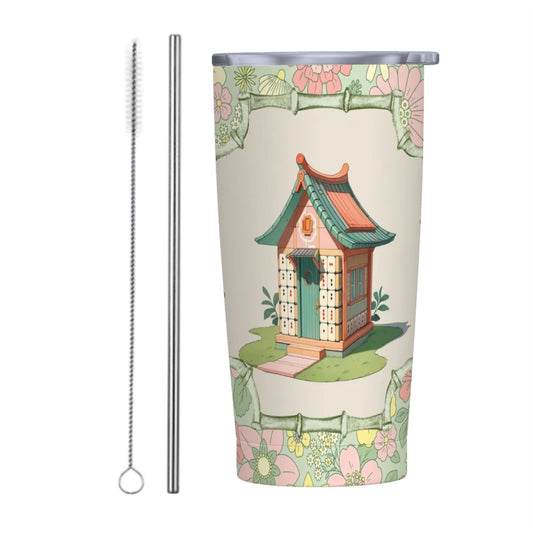 Whimsical Mahjong  Floral Heritage Designed Green Pink Stainless Steel Insulated Tumblers with Lid & Straw (20oz)