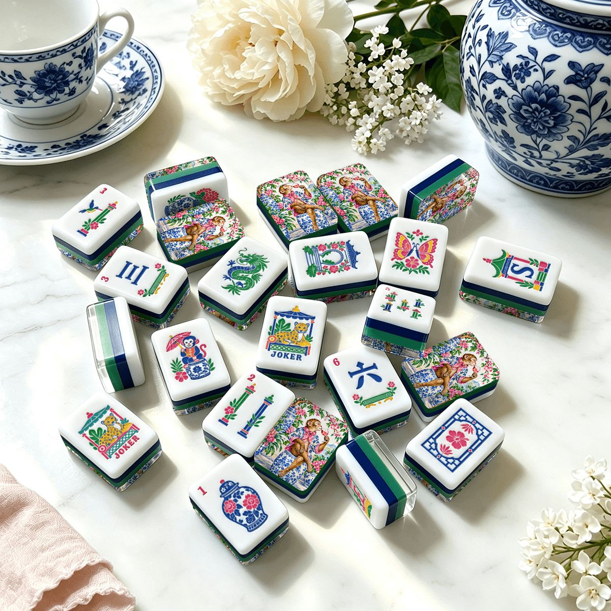 Garden Party Gone Wild Monkey Chinoiserie Chic American Mahjong Tiles And Carry Case
