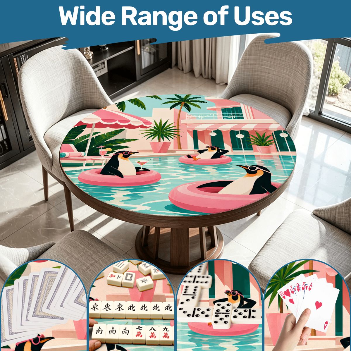 Penguins Poolside At The Palm Round Mahjong Mat - Splash Of Mahj And Color Co.