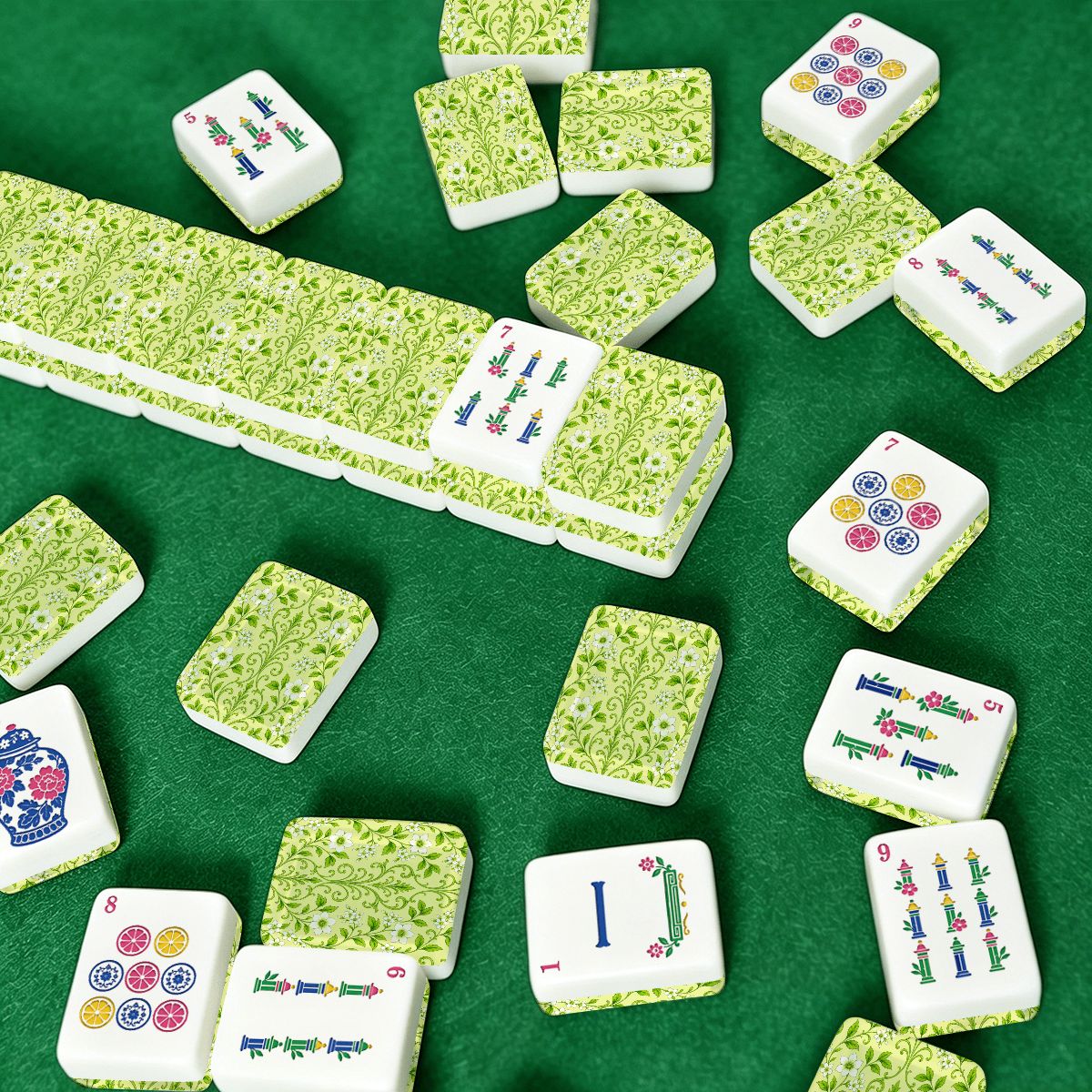 Key Lime Crush Chinoiserie Floral Engraved Mahjong Tiles
