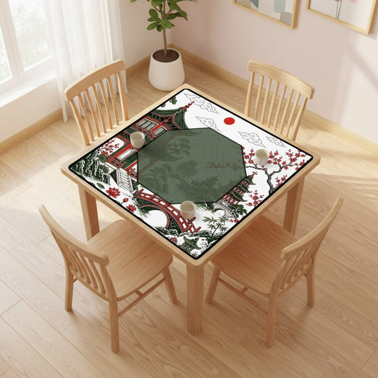 Asian Chinoiserie Pagoda Black, Red Green Mahjong Mat - Splash of Color Co.