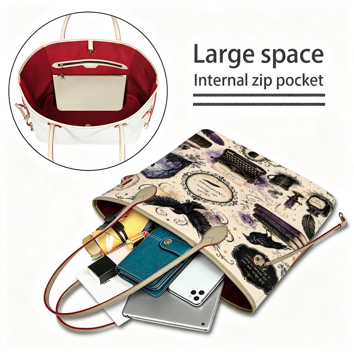 Edgar Alle Poe Literature Lover Vegan Leather Tote Bag with Mini Pouch