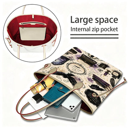 Edgar Alle Poe Literature Lover Vegan Leather Tote Bag with Mini Pouch