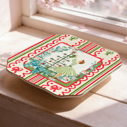 Books And Nooks Mahjong Christmas Scalloped Ceramic Mahjong Dice Tray - Splash Of Mahj And Color Co.