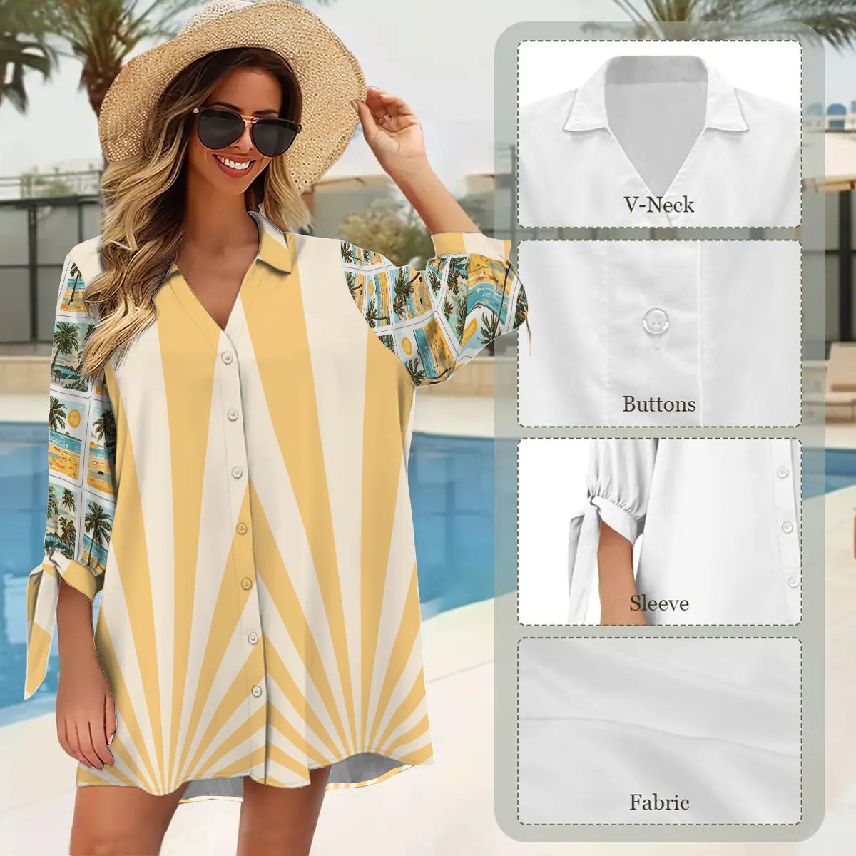 Modern Tropical Wave Palm Tree Women's Cardigan Shirt Three - Quarter Sleeve - Splash of Color Co.