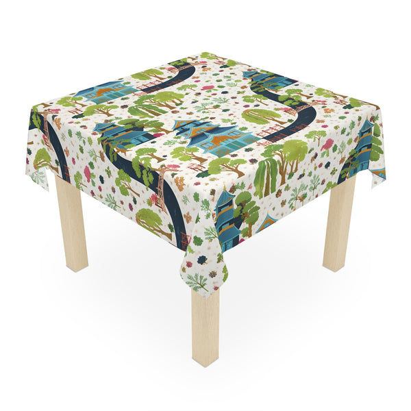 Chinoiserie Japanese Garden Mahjong Tablecloth — Pagoda & Cherry Blossom Scenic Print - Splash of Color Co.