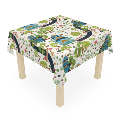 Chinoiserie Japanese Garden Mahjong Tablecloth — Pagoda & Cherry Blossom Scenic Print - Splash of Color Co.