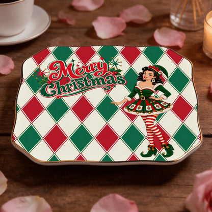 Merry Christmas Madge Harlequin Designed Green And Red Scalloped Ceramic Mahjong Dice Tray - Splash Of Mahj And Color Co.