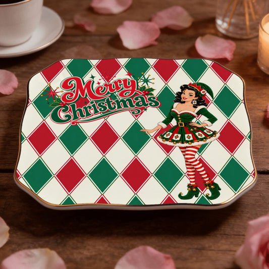 Merry Christmas Madge Harlequin Designed Green And Red Scalloped Ceramic Mahjong Dice Tray - Splash Of Mahj And Color Co.