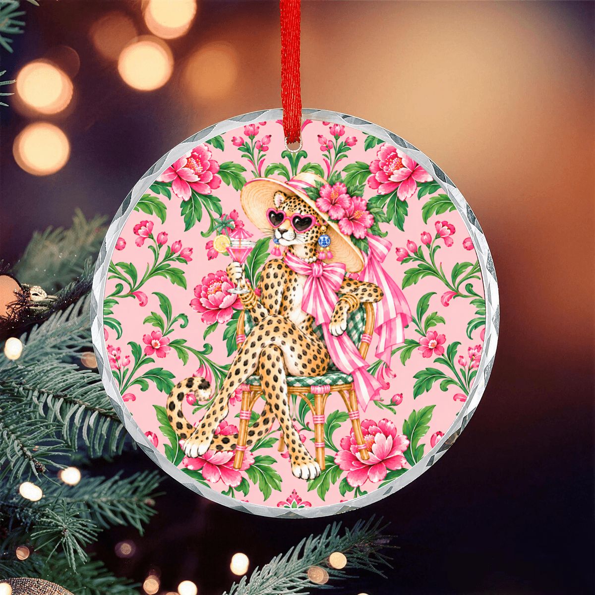 Glam Sipping Leopard Luxe Round Glass Christmas Ornament - Splash Of Mahj And Color Co.