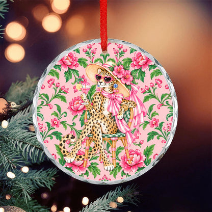 Glam Sipping Leopard Luxe Round Glass Christmas Ornament - Splash Of Mahj And Color Co.