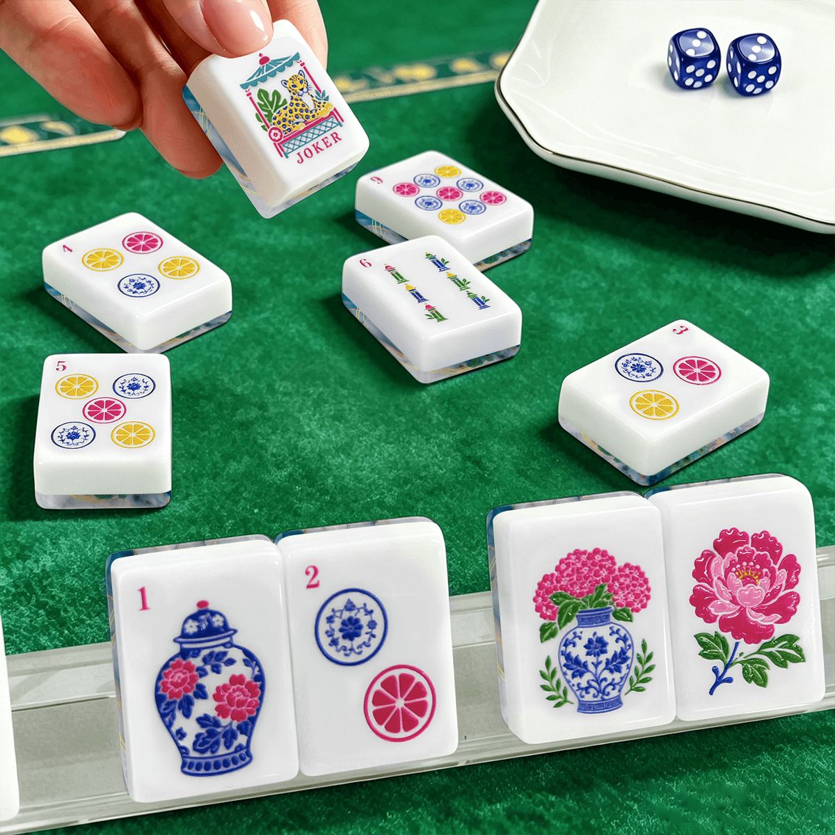 Gilded Marbles Blue And Gold Peacock Chinoiserie American Mahjong Tiles And Carry Case - Splash Of Mahj And Color Co.