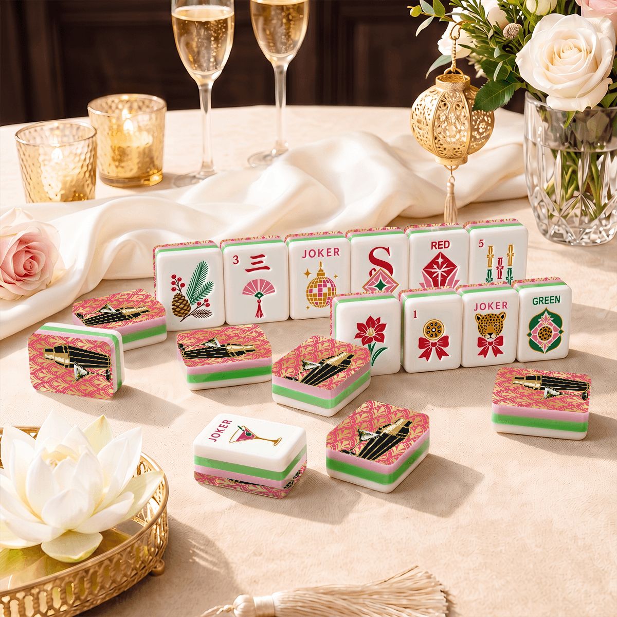 Art Deco Martini And Shaker Holiday 4 Layer Glam Holiday American Mahjong Tiles And Carry Case - Splash Of Mahj And Color Co.