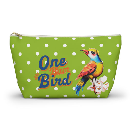 Whimsical Mahjong Tile Tote Pouch, Green Citrus Polka Dot One Bam Bird Colorful Bird Mahj Gift