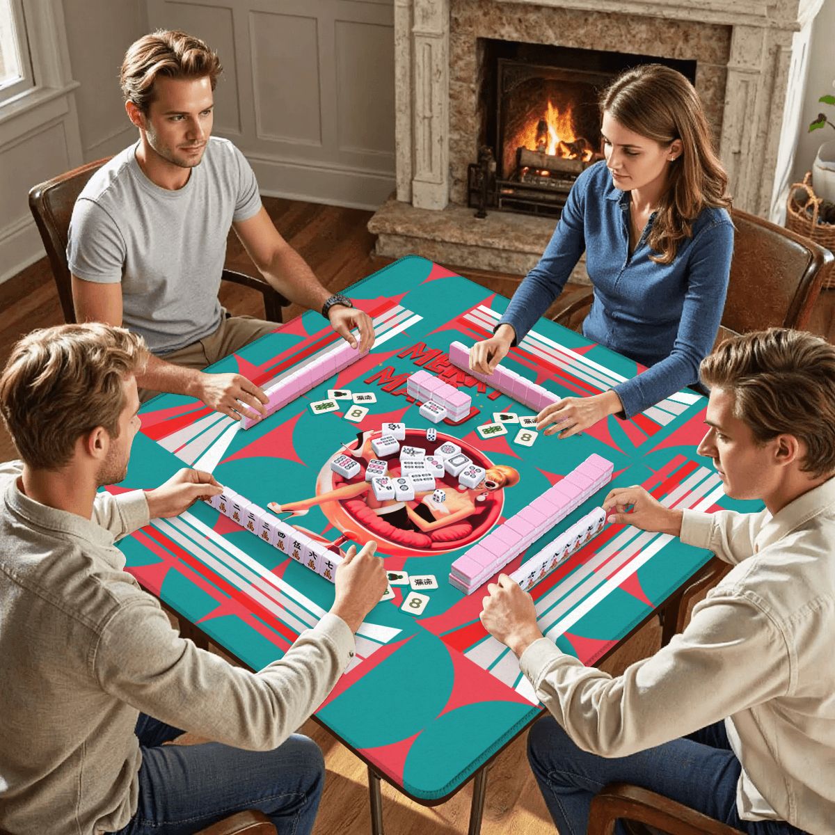 Mahjong Christmas Mat, Merry And Mahj Vintage Nostalgic Party Girl