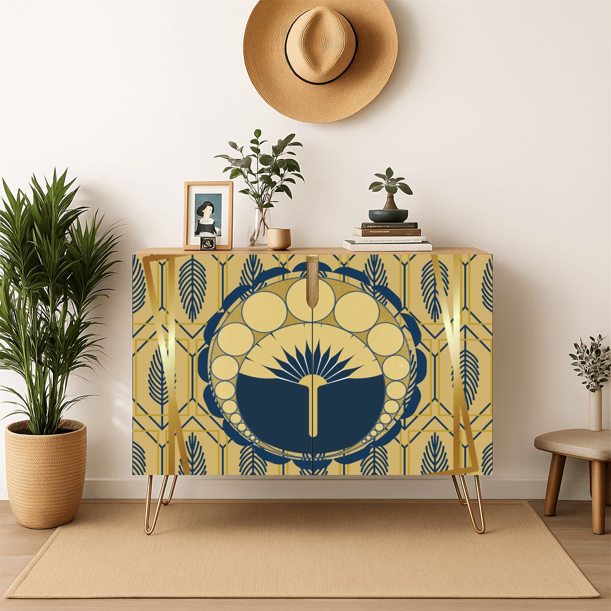 Palm Royale' Art Deco Modern Gold Royal Blue Wooden Storage Cabinet - Splash of Color Co.
