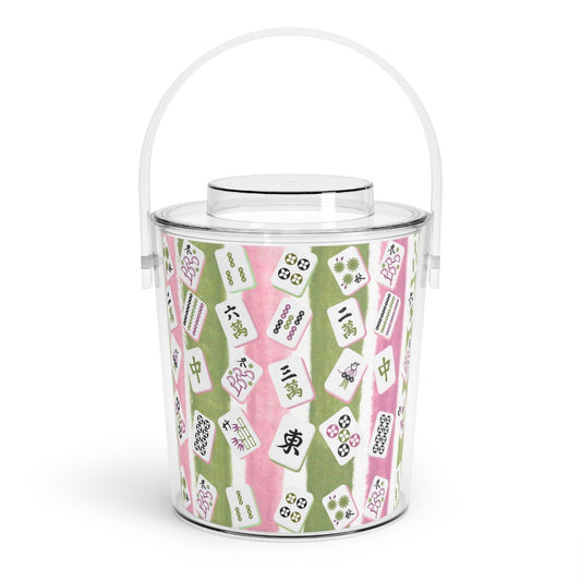 Mahjong Ice Bucket, Charming Ice Bucket with Tongs for Parties, Green Pink Striped Mahj Tiles Drink Cooler