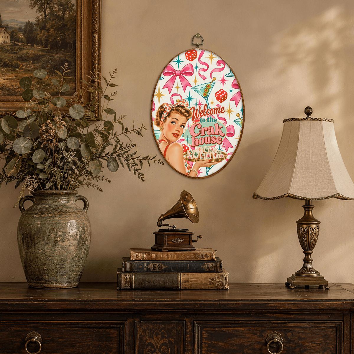Mahjong Room Funny Welcome To The Crak House Vintage Oval Wall Art Framed Canvas Print - Splash Of Mahj And Color Co.