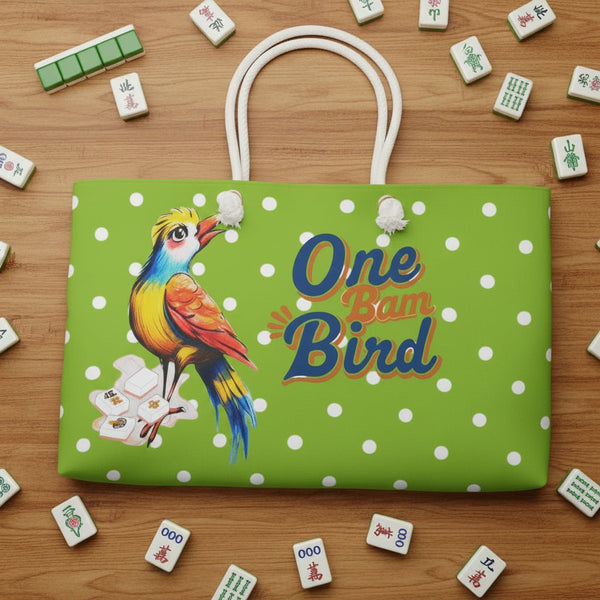 One Bam Bird Mahjong Accessory Bag, Green Citrus Polka Dot, Whimsical Bird Weekender Bag - Splash of Color Co.