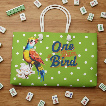 One Bam Bird Mahjong Accessory Bag, Green Citrus Polka Dot, Whimsical Bird Weekender Bag - Splash of Color Co.