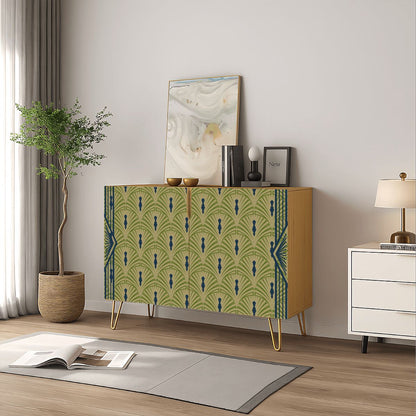 Art Deco Modern Wooden Storage Cabinet, Army Green, Royal Blue Fan Design - Splash of Color Co.