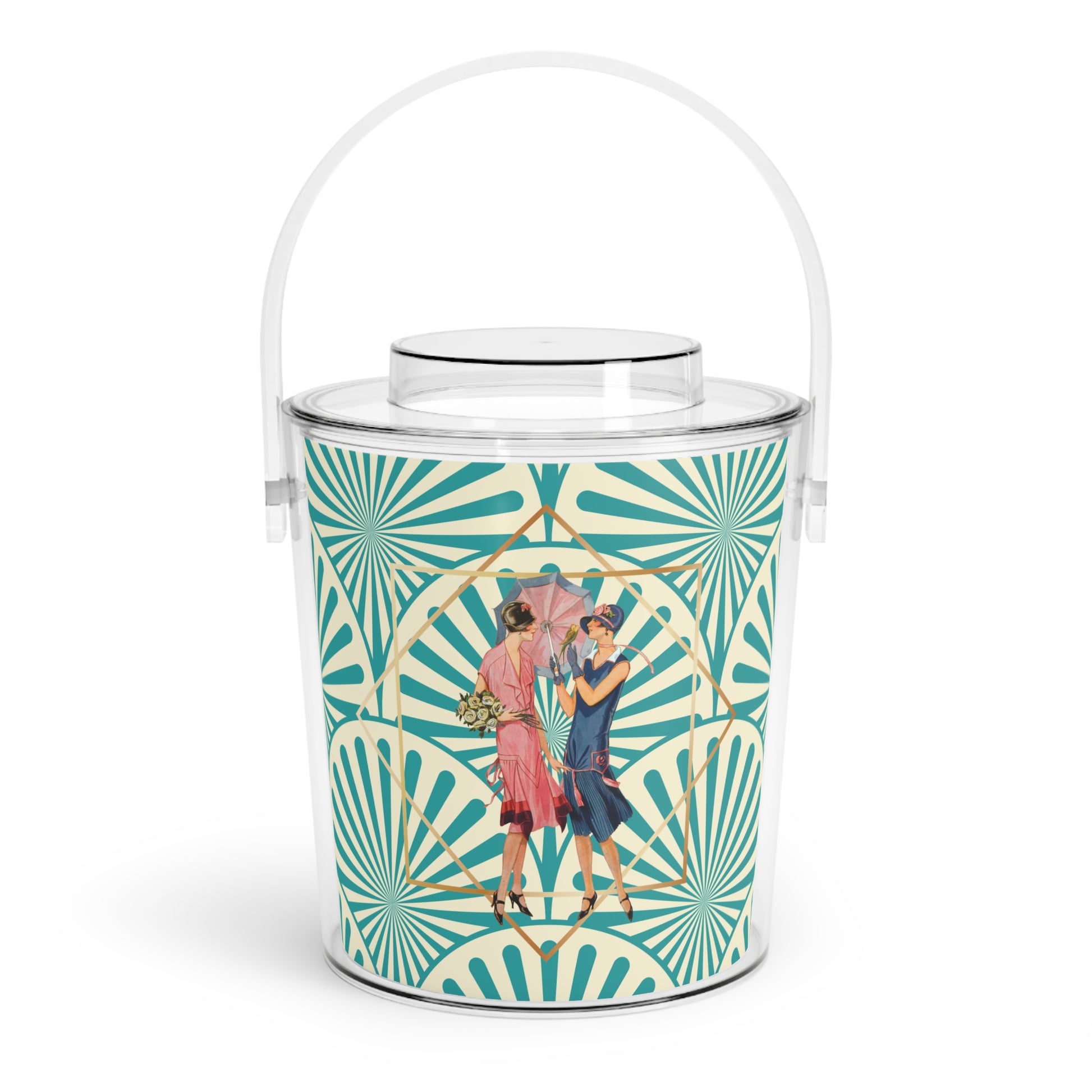 Roaring 1920s Glam Art Deco Party Ice Bucket with Tongs — Vintage 1920s Teal Art Deco Pattern - Splash of Color Co.