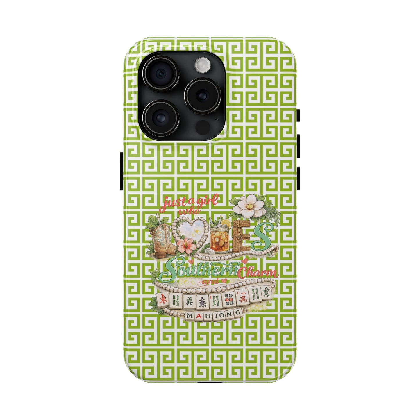 Mahjong Floral Pattern Just A Girl Who Loves Southern Charm and Mahjong Phone Case | Green Geometric Background - Splash of Color Co.