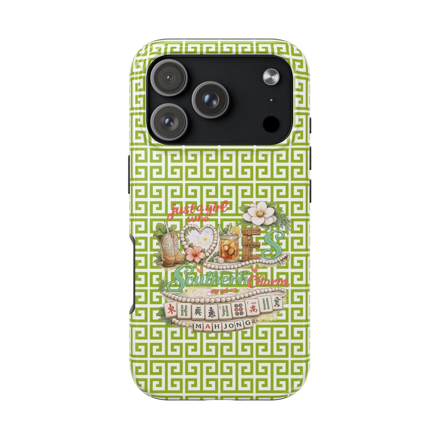Mahjong Floral Pattern Just A Girl Who Loves Southern Charm and Mahjong Phone Case | Green Geometric Background - Splash of Color Co.