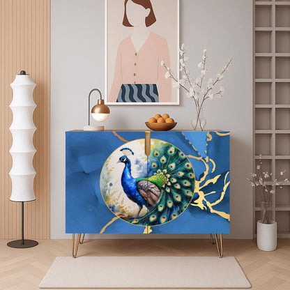 Asian Chinoiserie Golden Gilded Watercolor Peacock Modern Wooden Cabinet - Splash of Color Co.