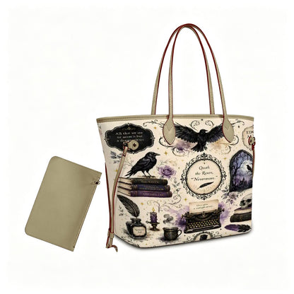 Edgar Alle Poe Literature Lover Vegan Leather Tote Bag with Mini Pouch