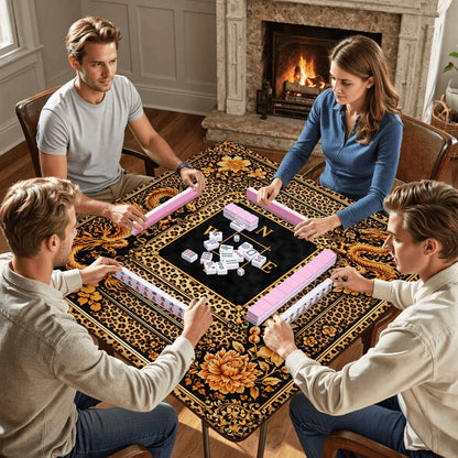Leopard Print Mahjong Mat With Gilded Dragons Black And Gold - Splash of Color Co.
