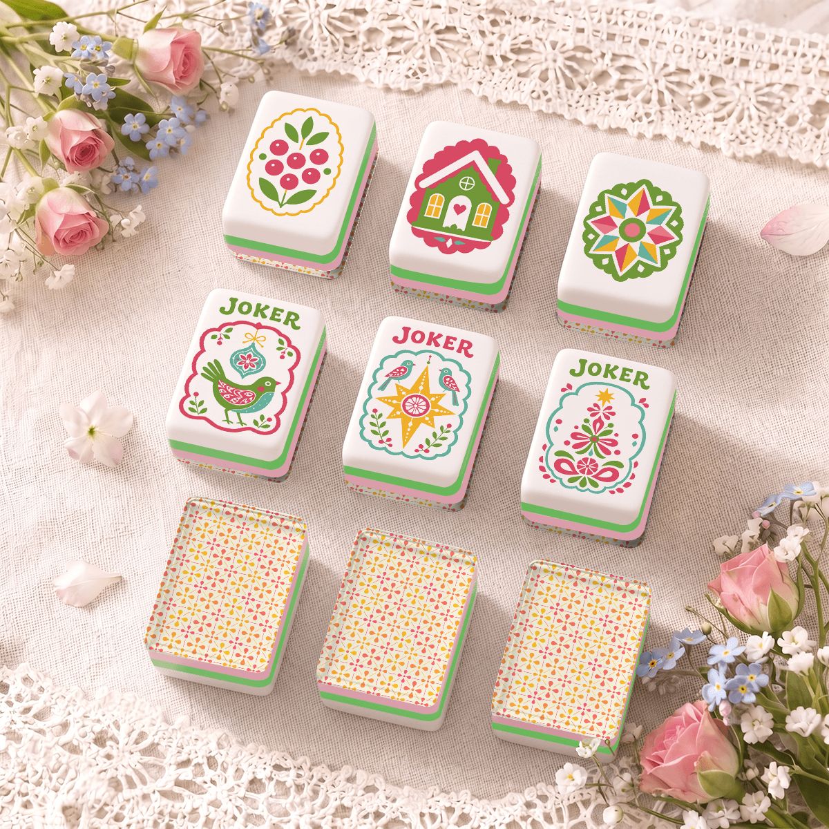 Engraved Christmas Mahjong Tiles Scandi Folk Art With Carry Case