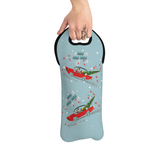 Mahjong  Christmas Festive Wine Tote Bag with Retro Car Design, Holiday Gift, Wine Lover's Accessory