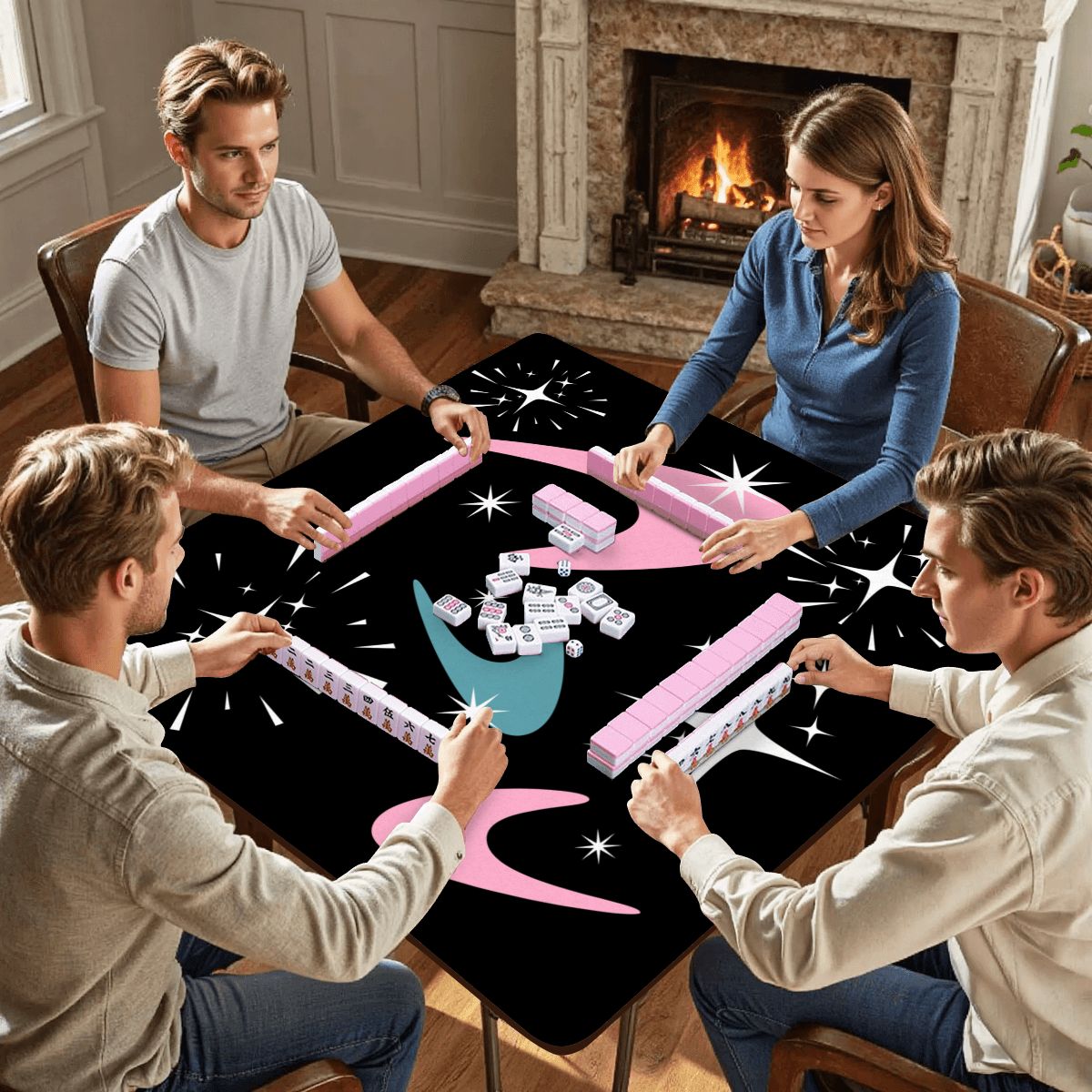 Sky Rockets In Flight, Black Modern Mahjong Mat - Splash of Color Co.