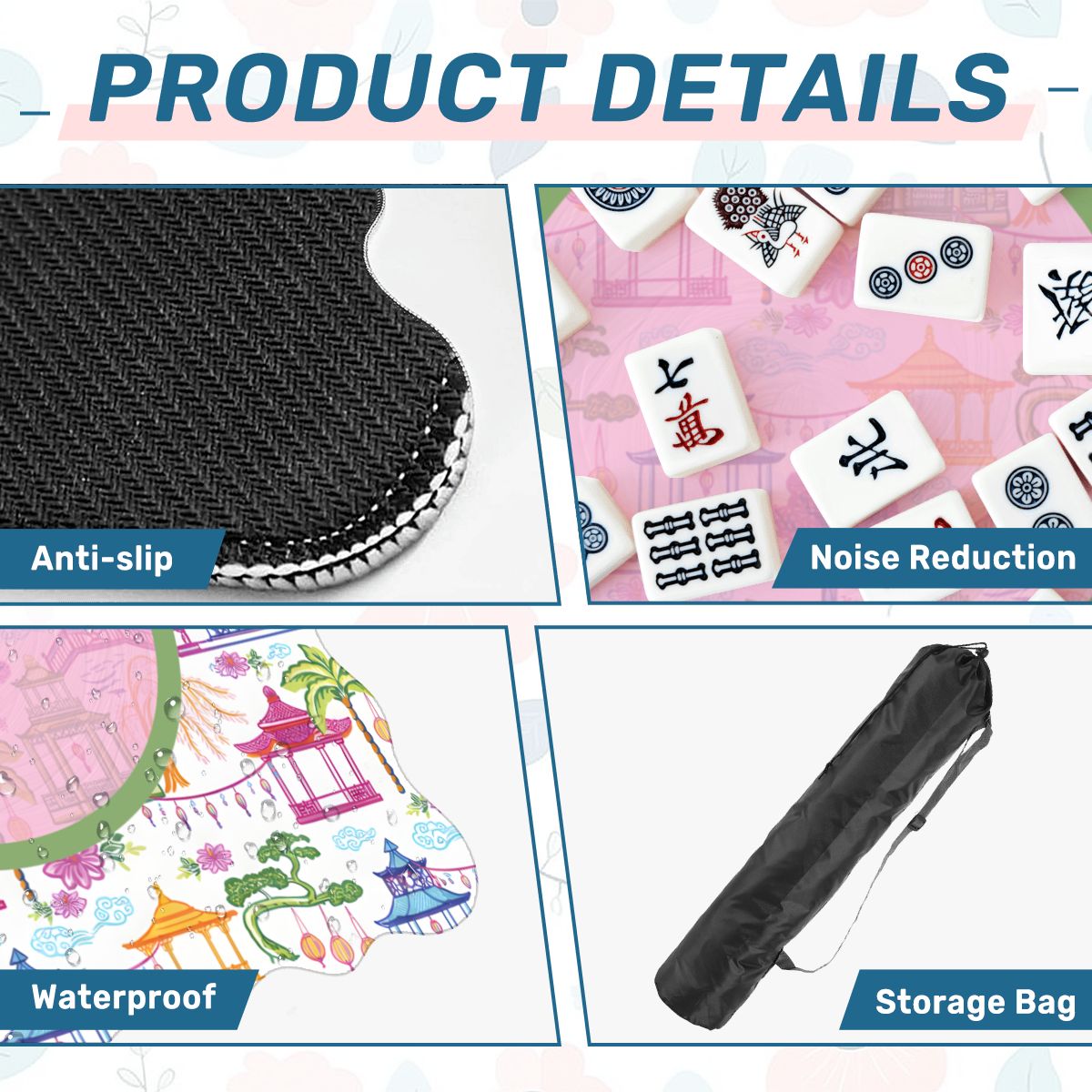 Chinoiserie Asian Gardens, Pagoda, Lantern Lavender And Blue Scalloped Mahjong Mat - Splash of Color Co.